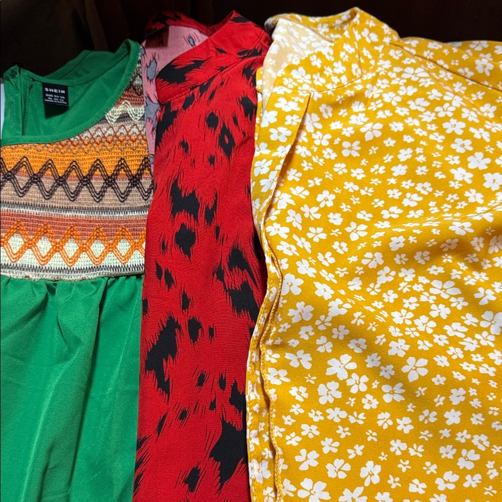 Green, Red, and Yellow Patterned Tops